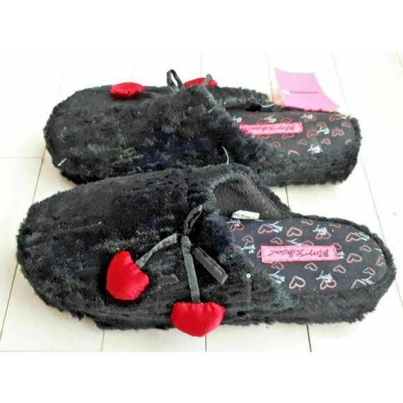 BETSEY JOHNSON Sequin BLACK Slippers SOFT Bow Red Hearts XL 11/12 - Picture 1 of 2